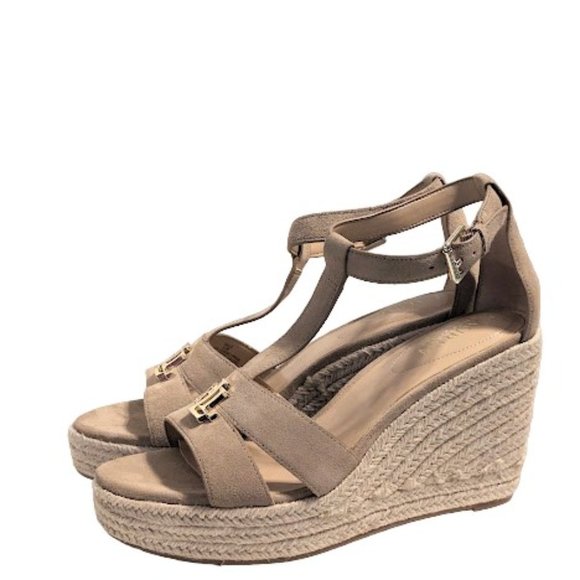 Ralph Lauren Hale Cow Suede Leather Espadrille Wedge Sandals Khaki Size 8.5 New - Picture 1 of 9